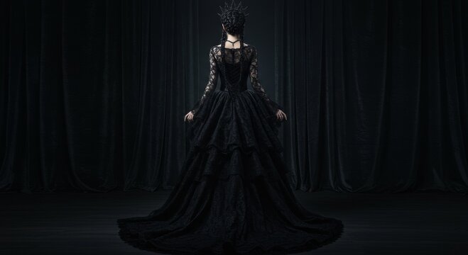 Woman in Black Lace Gown Posing on Dark Stage
