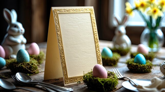 Blank Elegant Easter Menu Card with Golden Frame and Spring Table Decor