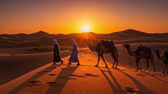 Two adult men in traditional robes and turbans leading a camel caravan across the golden sand dunes of a vast desert during a beautiful sunset.