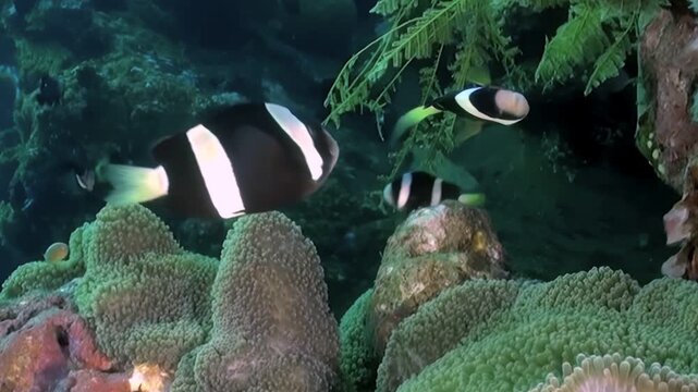 Observe a family of striking Saddleback Clownfish gracefully gliding around their host Anemone in a vibrant reef. The fishes colors create a beautiful contrast.