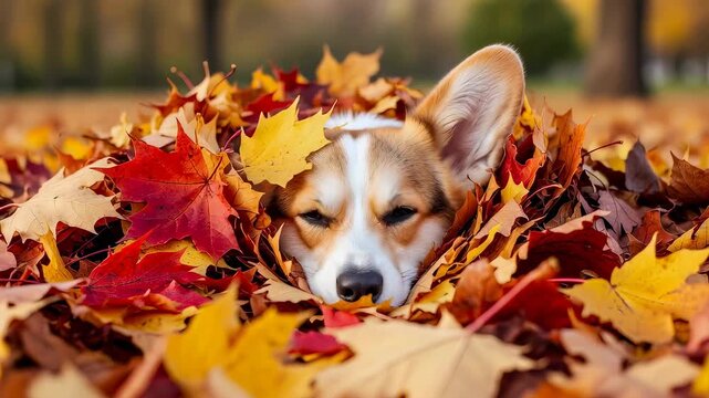 Pembroke welsh corgi dog emerging from colorful fall leaves and smiling playfully for autumn and pet theme