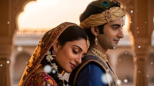 A beautiful couple in traditional Indian attire, celebrating their love and cultural heritage in a vibrant setting.