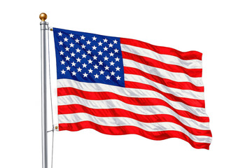 United states flag, also known as stars and stripes, waving on a metal flagpole against a transparent background