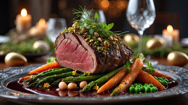 Gourmet Easter Lamb Roast with Spring Vegetables and Festive Table Setting