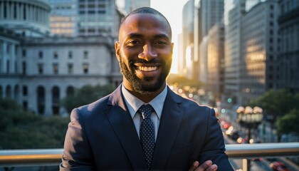 An African politician smiling and arms crossed in the city.