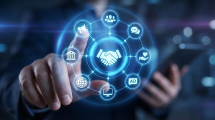 Fototapeta premium A person interacts with a glowing circular interface displaying icons representing concepts like partnership marketing and digital connection high quality professional detailed