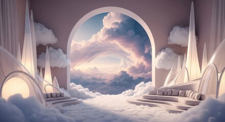 Heavenly cloudscape with rainbow archway and stairs in dreamy ethereal landscape
