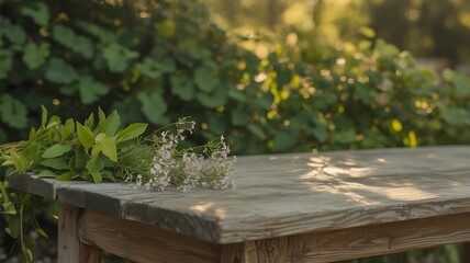 Rustic wooden table adorned with white wildflowers in a tranquil garden