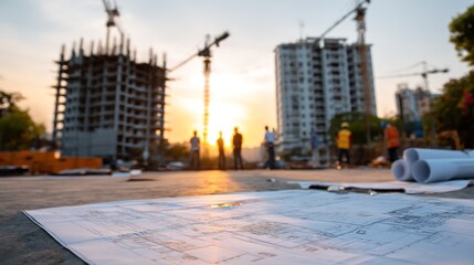Construction site with blueprints and workers at sunset
