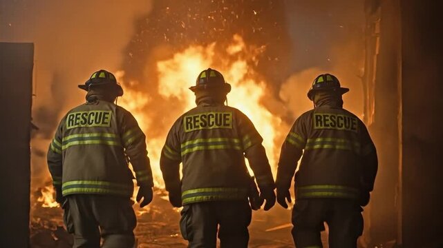 Three brave firefighters in full protective gear with rescue patches standing before a massive wall of fire and smoke during an emergency operation.