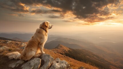Dog on a mountain top during sunset