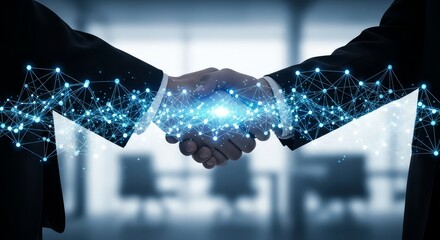 Business partnership handshake with glowing blue network connections in modern office background