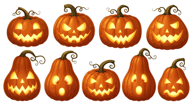 A collection of various carved pumpkins with glowing faces, perfect for Halloween decorations.