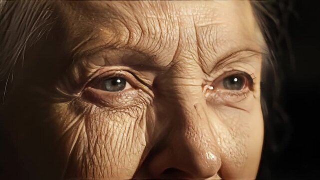 Extreme close-up of elderly woman face with blue eyes and deep wrinkles showing texture of aging skin