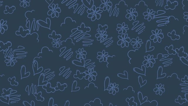 Doodle line art hearts flowers clouds seamless pattern hand-drawn suitable for backgrounds, textiles, wallpaper, and creative projects