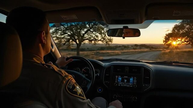A male sheriff deputy in uniform driving a patrol vehicle through a rural landscape at sunset, looking out at the rolling hills and trees.