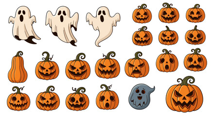 Fototapeta premium A collection of Halloween-themed illustrations featuring ghosts and carved pumpkins with various expressions.