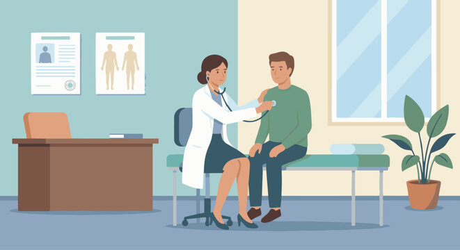 Doctor Examining Patient
A flat vector illustration of a doctor examining a patient using a stethoscope. Simple clinic interior background. Flat vector style, calm and professional mood.