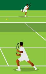 Tennis players in action on a grass court, capturing competition and focus.