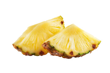 Two slices of ripe pineapple, showcasing the bright yellow flesh and the characteristic patterns of the fruit