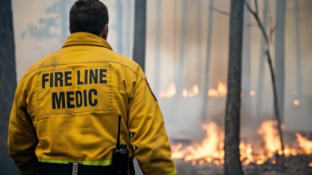 Back view of a male fire line medic in a yellow protective jacket standing in a smoky forest during a wildfire