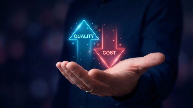 A person holds glowing arrows representing quality improvement and cost reduction in their open palm symbolizing a positive trade off high quality