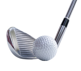 Golf club poised to strike a white golf ball.  Metallic club head, showing ridges, is about to connect with the sphere.  Shaft extends from the clubhead, dark at the grip, and reflects light