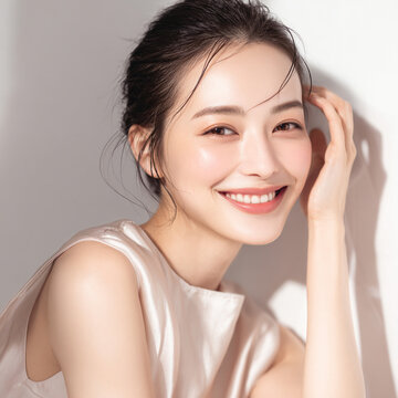 白い歯と美しい肌の笑顔の女性。美容、スキンケア、オーラルケア用素材。