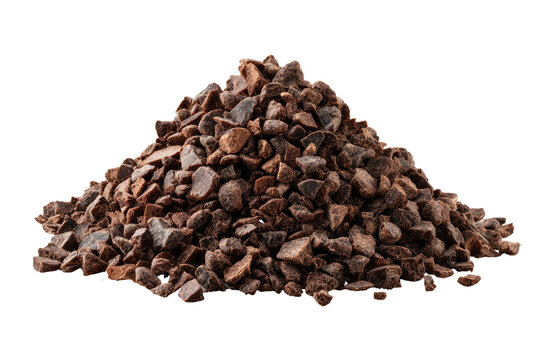 Pile of dark, broken cacao nibs