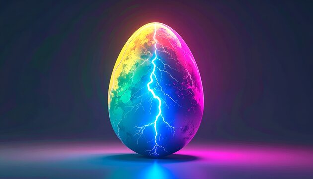 A vibrant, neon egg bursts with rainbow colors and electric energy