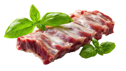 Raw lamb ribs with fresh basil garnish
