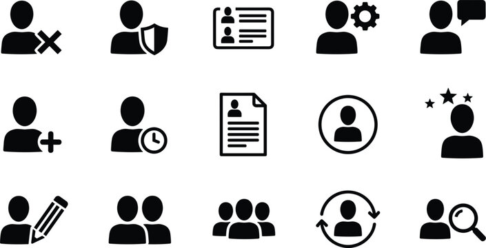 User management icon set with profile account document communication security and team symbols for admin interface design systems