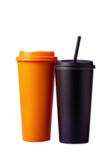 Two reusable coffee cups, one orange and one black, sit side-by-side. A black straw is visible extending from the black cup