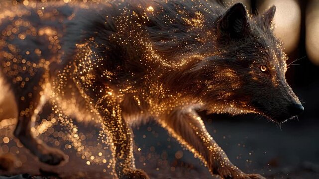 Fast-moving wolf with glowing eyes, standing mane, and a magical aura of sparks in dynamic lighting - AI-Generated