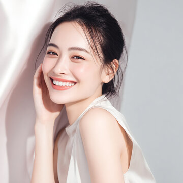 白い歯と美しい肌の笑顔の女性。美容、スキンケア、オーラルケア用素材。