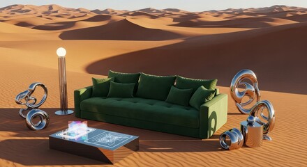 Modern green couch and futuristic decor in desert landscape with sand dunes at sunset