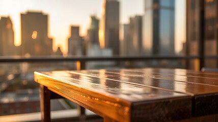 Obraz premium Wooden table overlooking the city skyline at sunset dusk golden hour