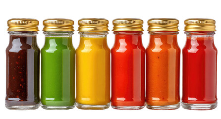 Six small glass bottles, various colors, with gold lids,  likely sauces or condiments
