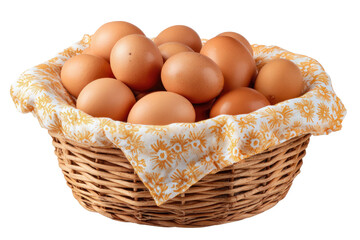 Wicker basket filled with brown eggs atop yellow floral fabric
