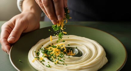 Person garnishing creamy mashed potatoes with herbs and cheese on a green plate culinary preparation