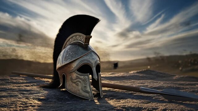 Ancient warrior helmet standing firm on a battlefield under sunlit clouds, representing military history and enduring strength