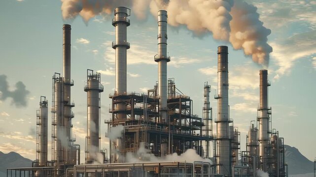 Industrial plant emits smoke in evening sky near mountains