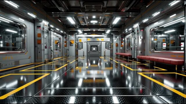 AI data center in space. Space computing. Orbital data center infrastructure. Space based AI. Cloud computing in space. Futuristic interior of a sleek transport station or train car.