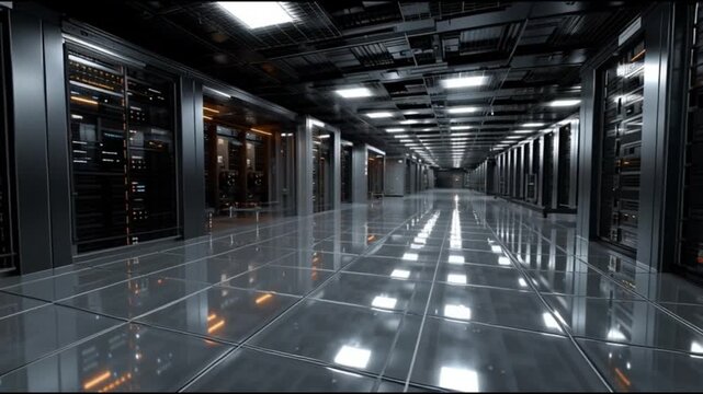 AI data center in space.  Space computing. Orbital data center infrastructure. Space based AI. Cloud computing in space. A sleek, modern data center corridor with illuminated servers.