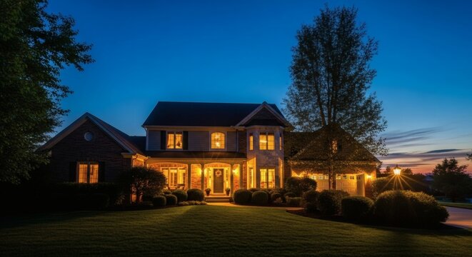 Residential home exterior at dusk, interior lights glowing through windows, balanced contrast, cinematic yet natural lighting