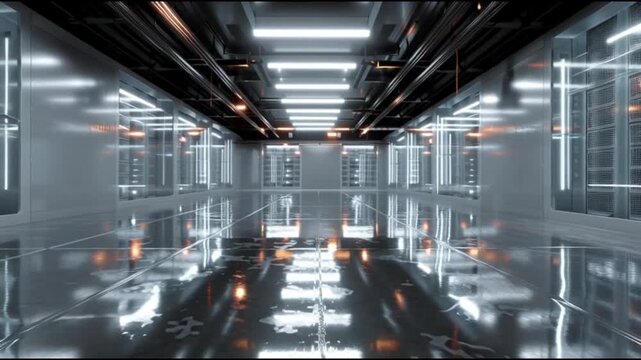 AI data center in space. Space computing. Orbital data center infrastructure. Space based AI. Cloud computing in space. A modern, sleek corridor inside a high-tech data center