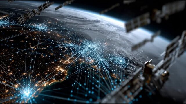 AI Data Center in Space. Space computing. Orbital data center infrastructure. Space based AI. Cloud computing in space. A satellite view of Earth with glowing network connections.