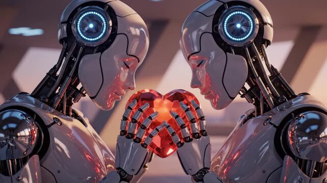 Two Androids Hold Crystal Heart Inside Laboratory, Mirrored Chrome Bodies Clasping Faceted Gem While Soft Sparks Reveal Internal Circuitry, Intimate Mechanical Exchange And Precision Gesture.