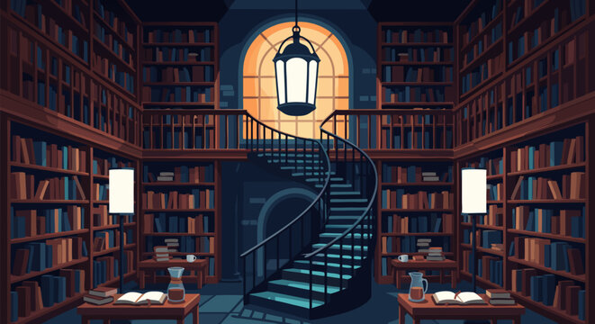 Intricate vector illustration of a grand, old library interior with a spiral staircase and tall bookshelves, evoking a sense of knowledge and timelessness