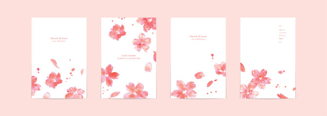 水彩画。水彩タッチの桜ポストカードテンプレート。桜のベクターイラスト。Watercolor painting. Watercolor cherry blossom postcard template. Cherry blossom vector illustration.